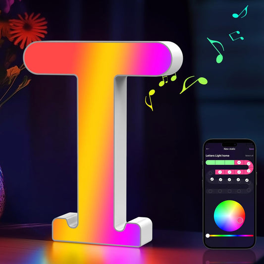 Light Up Letters Marquee Letter - Music Sync RGB Color Changing LED Lights Letter Logo Game Lights for Girls Women Party Birthday Christmas Valentine's Day Wall Desktop Decoration (MRGB-T)
