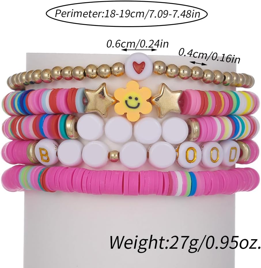 Friendship Bracelets for Women - Heishi Surfer Colorful Smile Evil Eye Clay Beaded Stretch Bracelets Elastic Layering - Stackable Boho Disc Y2K Aesthetic Summer Jewelry Set.