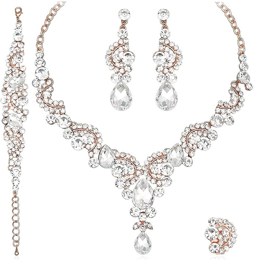 CSY Elegant Crystal Necklace Earrings Bracelet Ring Bridal Wedding Party Costume Jewelry Sets for Brides Women