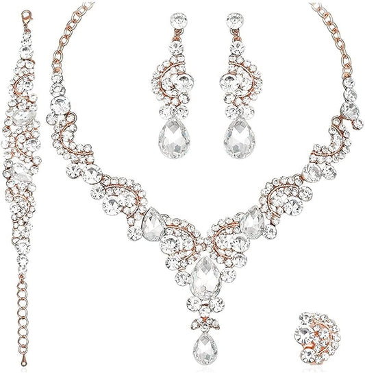 CSY Elegant Crystal Necklace Earrings Bracelet Ring Bridal Wedding Party Costume Jewelry Sets for Brides Women