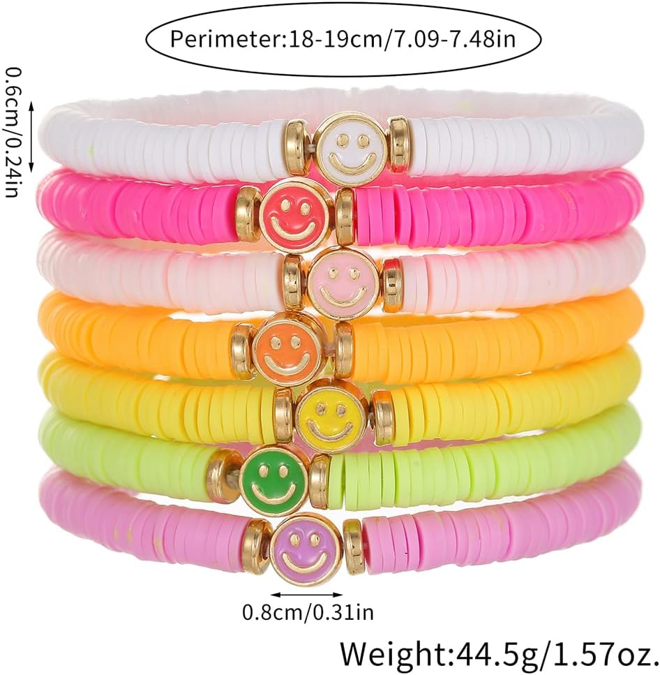 Friendship Bracelets for Women - Heishi Surfer Colorful Smile Evil Eye Clay Beaded Stretch Bracelets Elastic Layering - Stackable Boho Disc Y2K Aesthetic Summer Jewelry Set.