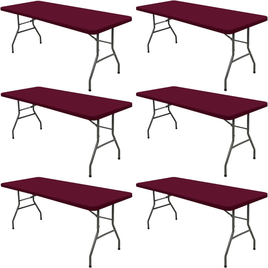 6 Pack 8 Foot Picnic Table Cover Fitted Elastic Tablecloth for Rectangle Tables Waterproof Stretch Washable Folding Indoor Outdoor Spandex Table Cloth for Parties Banquet Camping (Wine Red,30" x 96")