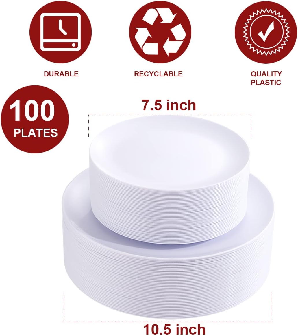 PULOTE 100PCS White Plastic Plates Disposable - Heavyweight 50 White Dinner & 50 Dessert/Salad Plates for Wedding, Party