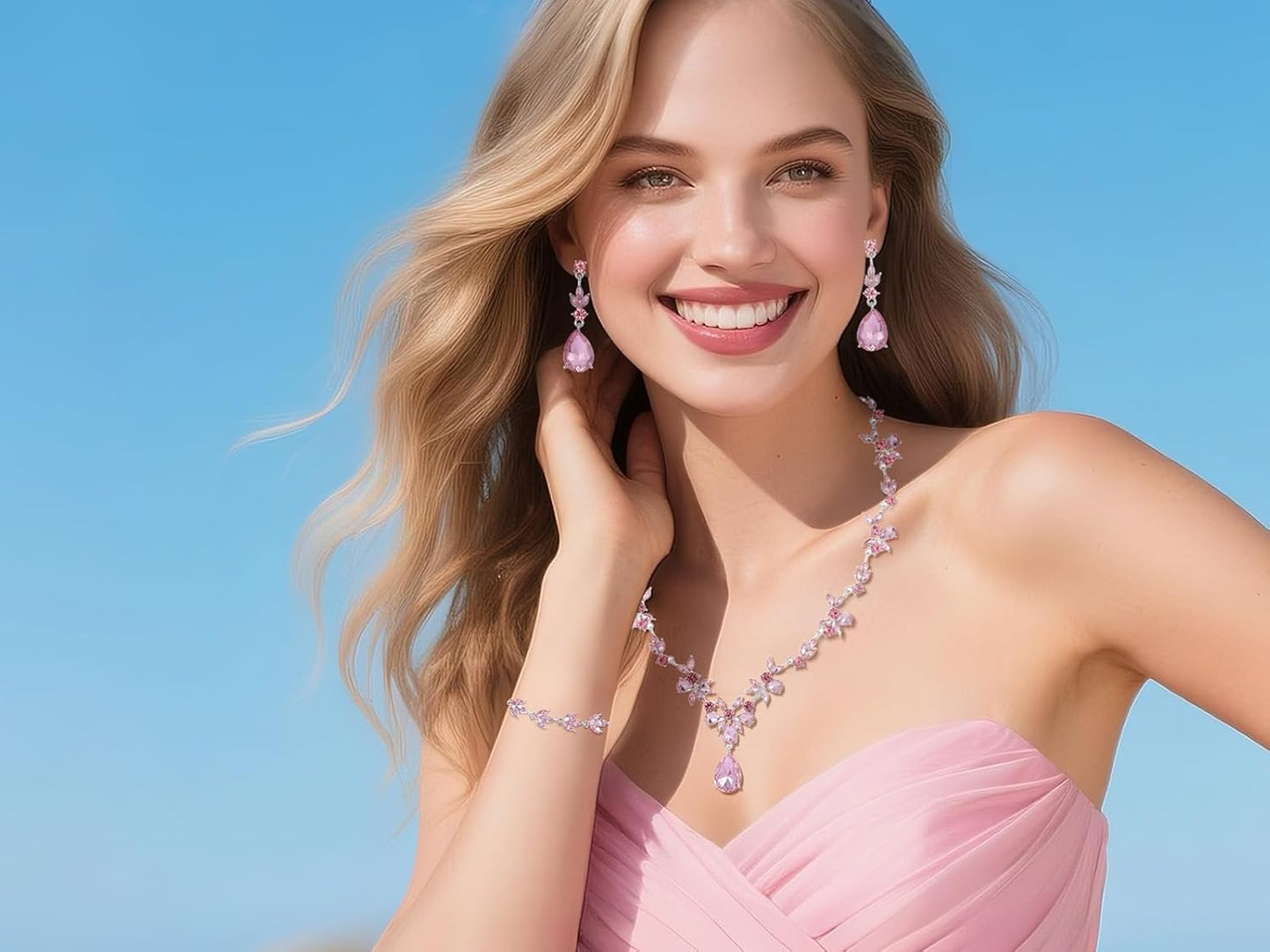 Kamirola Bridal Jewelry Set, Jewelry Set for Women, Necklace Dangle Earrings Bracelet Set, White Gold Plated (TR76)