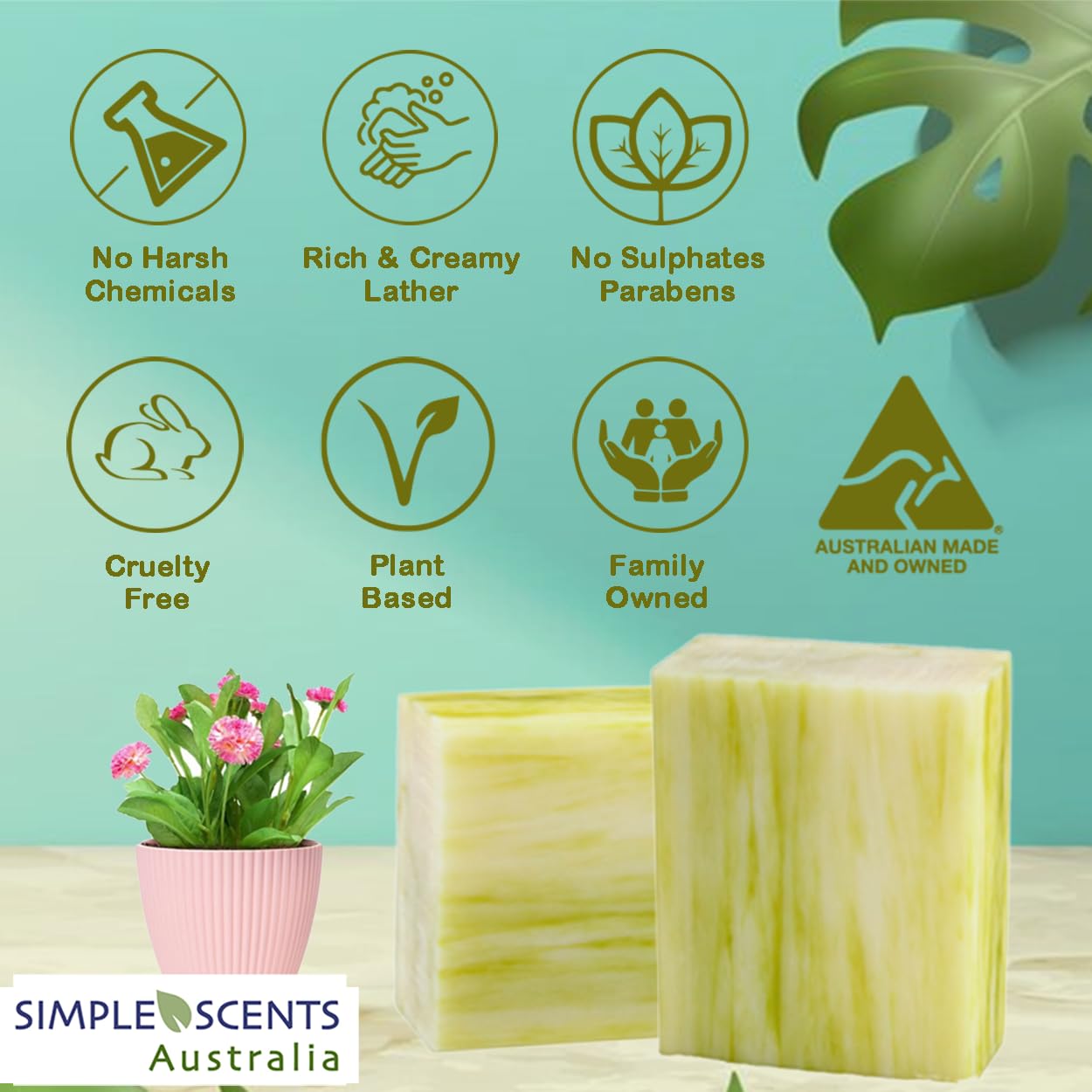 Simple Scents Australia Lemongrass Scented Natural Soap Bars (12 Bars), 3.5oz Moisturizing French Triple Milled Bar Soap Enriched with Shea Butter