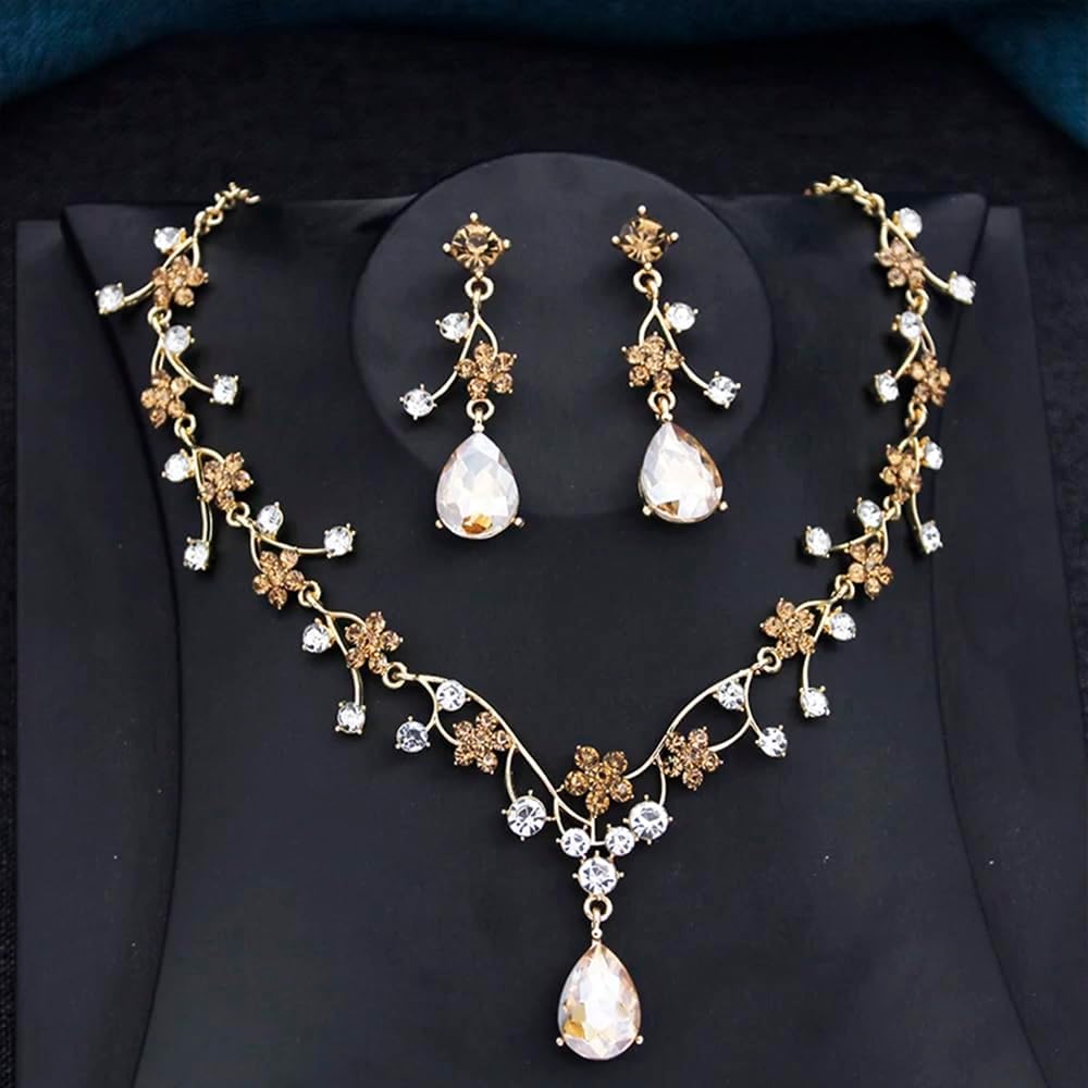 Jewelry Sets for Women Wedding Flower Necklace and Dangle Earrings Gold-Plated Rhinestones Teardrop Pendants Necklace Set for Bridal Party Accessories