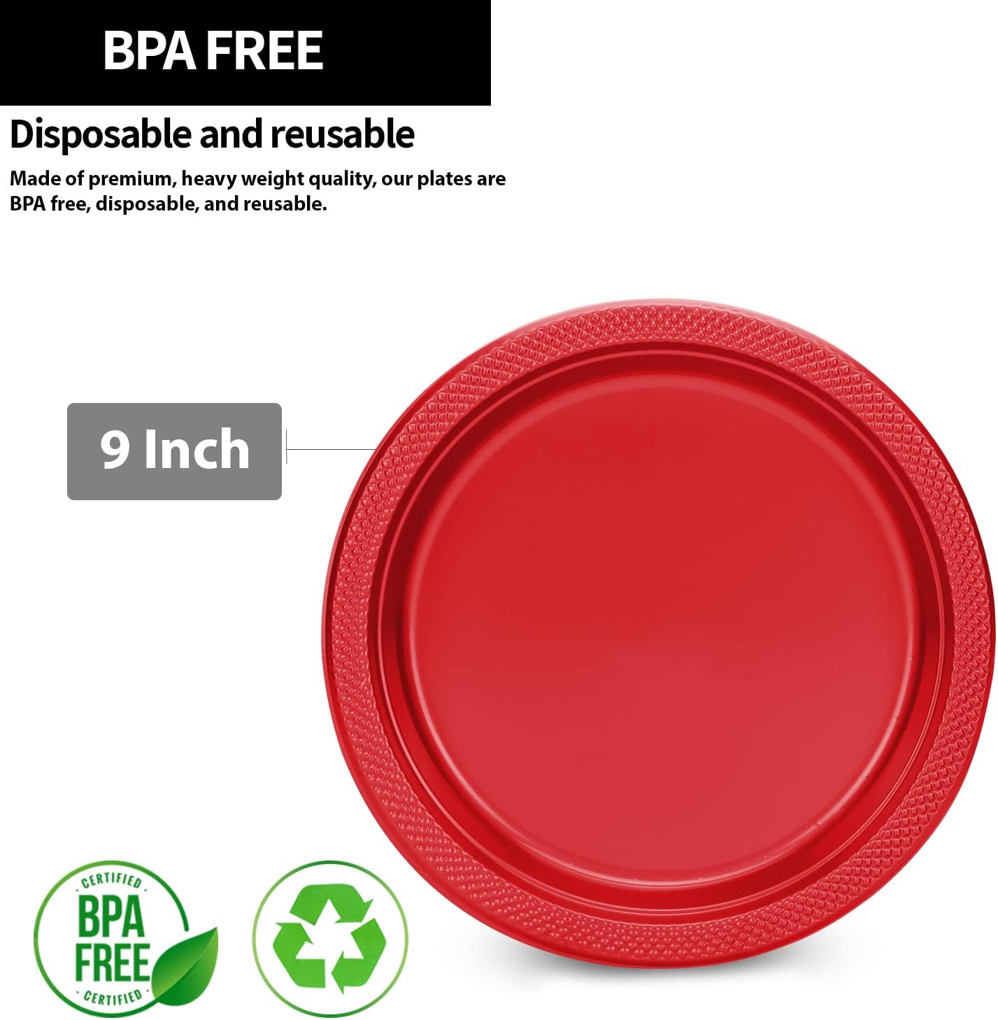 Hanna K. Signature Collection Red Plastic Plates 9 Inch - 600 count Solid Round Party For Weddings, BBQs, Birthday Disposable Dessert (84090 (case))