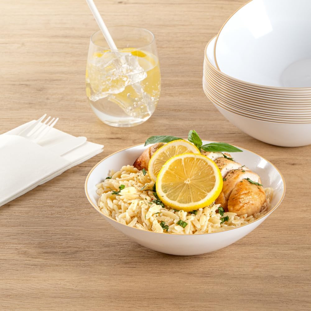 Moderna 16 Ounce Plastic Bowls, 20 Durable Disposable Salad Bowls - Gold-rimmed, Heavy-duty, White Plastic Fancy Bowls, For Warm And Cold Foods, Ideal For Restaurants - Restaurantware