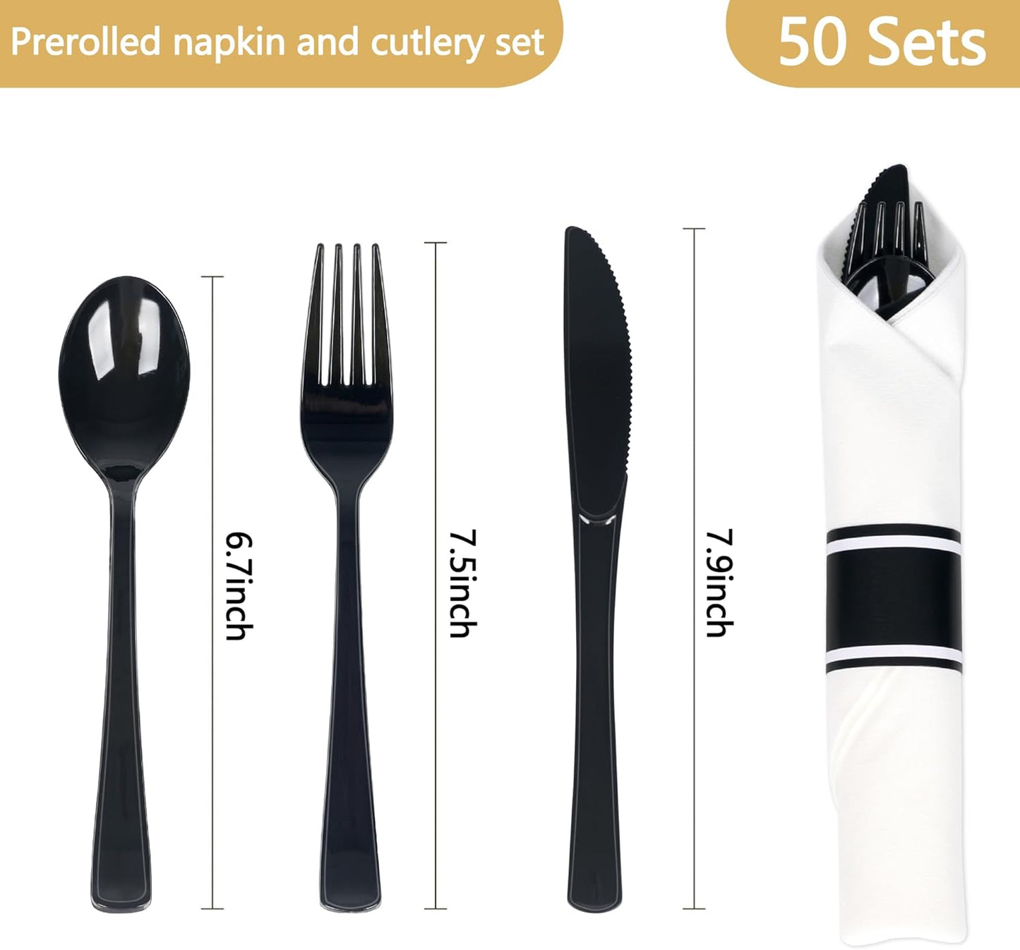 50 Pack Pre Rolled Black Plastic Silverware Set,Wrapped Plastic Cutlery Set with Napkin Include 50 Forks,50 Spoons,50 Knives and 50 White Napkins for Party,Wedding