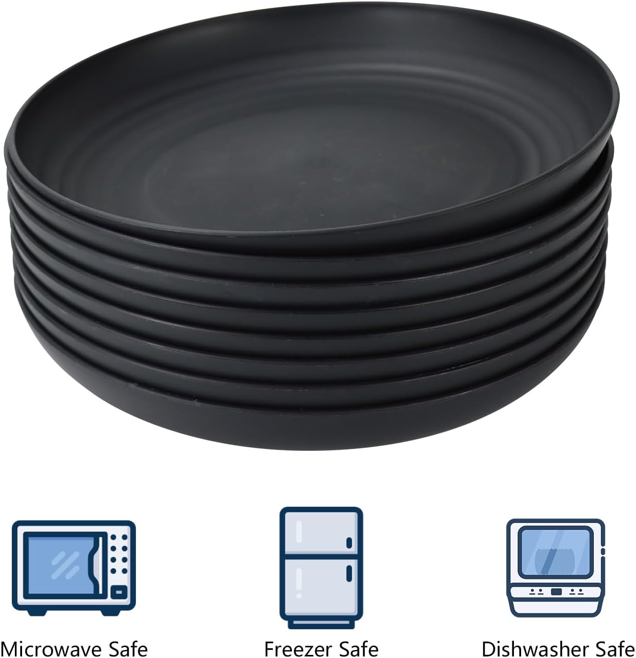 Homienly Deep Dinner Plates Set of 8 Alternative for Plastic Plates Microwave and Dishwasher Safe Wheat Straw Plates for Kitchen Unbreakable Plate Set for Camping, Picnic, Party (Black, 9 inch)