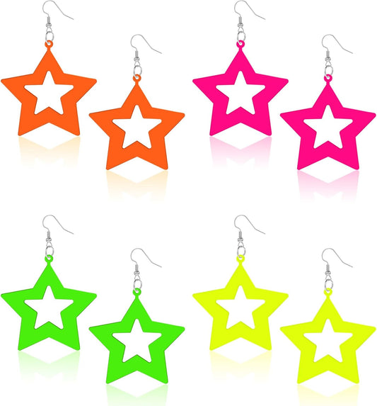 4 Pairs 80s 90s Neon Star Earrings for Women, Circular Drop Oval Jewelry Acrylic Retro Neon Dangle Earring for Costume Dancing Glow Party Outfit Accessories (Orange, Yellow, Green, Rose Red)