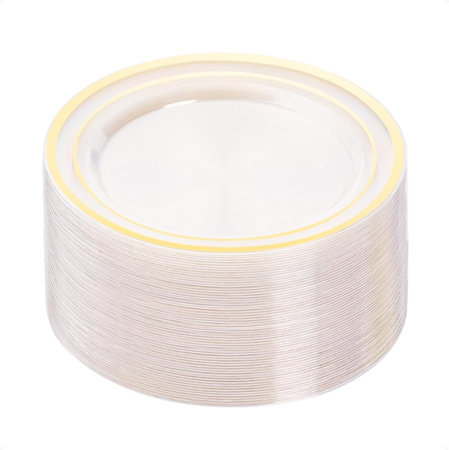 BESTVIP 50PCS Clear Gold Plastic Plates, 10.25 Inch Disposable Dinner Plate Party with Gold Rim, Heavy Duty Disposable Plastic Plates for Christmas, Thanksgiving, Party, Wedding and Birthday