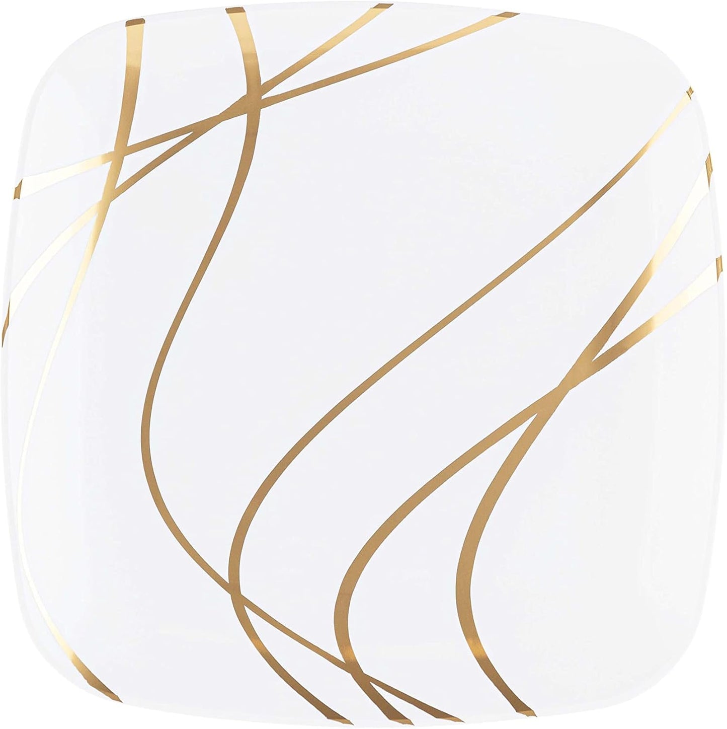 PLASTICPRO Square 64 Piece Combo Plates Set includes 32 x 7'' inch Salad Plates & 32 x 10'' inch Dinner Plates White Plastic with Gold Impulse Design Party Plates, Elegant, Tableware,