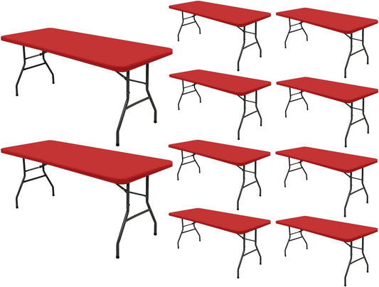 10 Pack Picnic Fitted Table Cover for 8 Foot Tablecloth for Rectangle Tables Waterproof Stretch Washable Folding Indoor and Outdoor Spandex Table Cloth for Camping Banquet and Parties (Red,30" x 96")