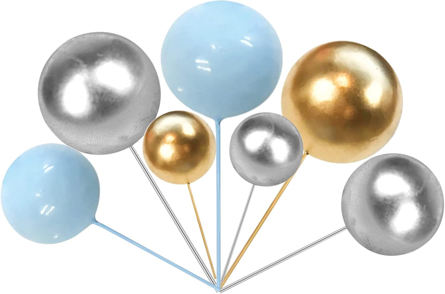 24 PCS Ball Cupcake Toppers Balls Cake Toppes Foam Balls Cupcake Picks DIY Mini Balloon Cake Inset Topper for Baby Shower Birthday Wedding Anniversary Party Decorations Supplies Blue Gold Silver