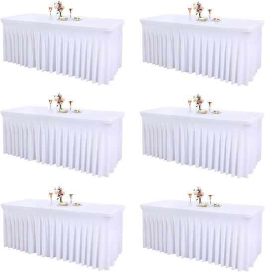 6 Packs White Table Clothes for 6 Foot Rectangle Tables, One-Piece Wrinkle Resistant Stretch Spandex Table Covers with Skirt for Event Banquet Wedding Birthday Party