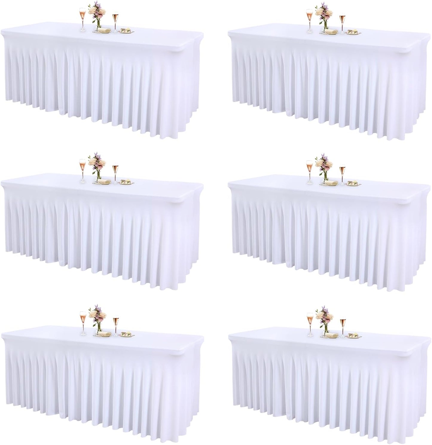 6 Packs White Table Clothes for 8 Foot Rectangle Tables, One-Piece Wrinkle Resistant Stretch Spandex Table Covers with Skirt for Event Banquet Wedding Birthday Party