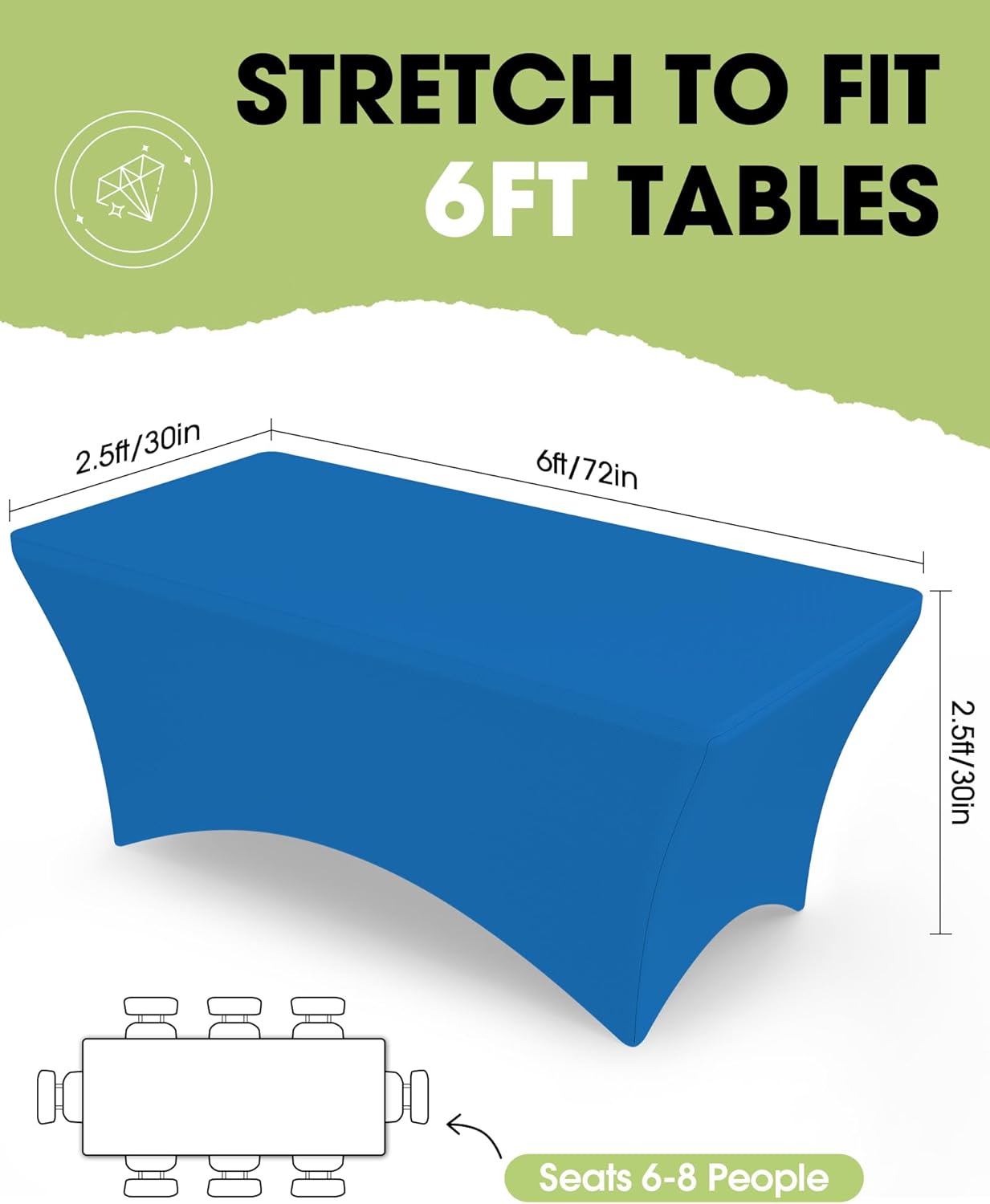 Pureegg Spandex Tablecloth 6ft - 6 Pack, Fitted and Stretch Table Cover for Rectangle Tables, Wrinkle-Resistant and Secure Fabric for Outdoor, Picnic, Party, Wedding, Banquet and Birthday, Royal Blue