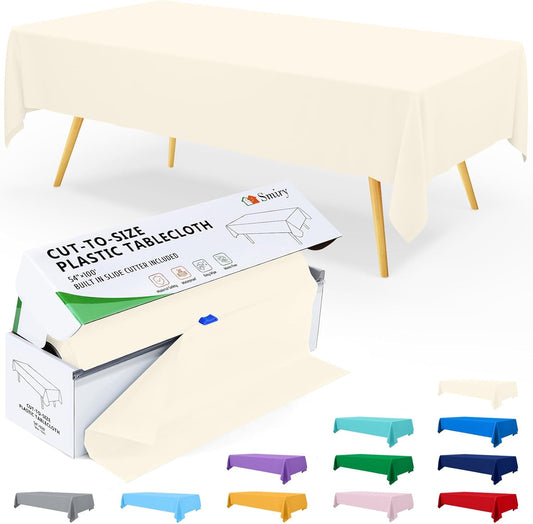 Smiry 54 Inch x 100 Feet Disposable Table Cover Roll, Beige Plastic Table Cloth in Cut-to-Size Box with Slide Cutter, Waterproof Rectangle Tablecloths for Weddings, Banquets, Outdoor