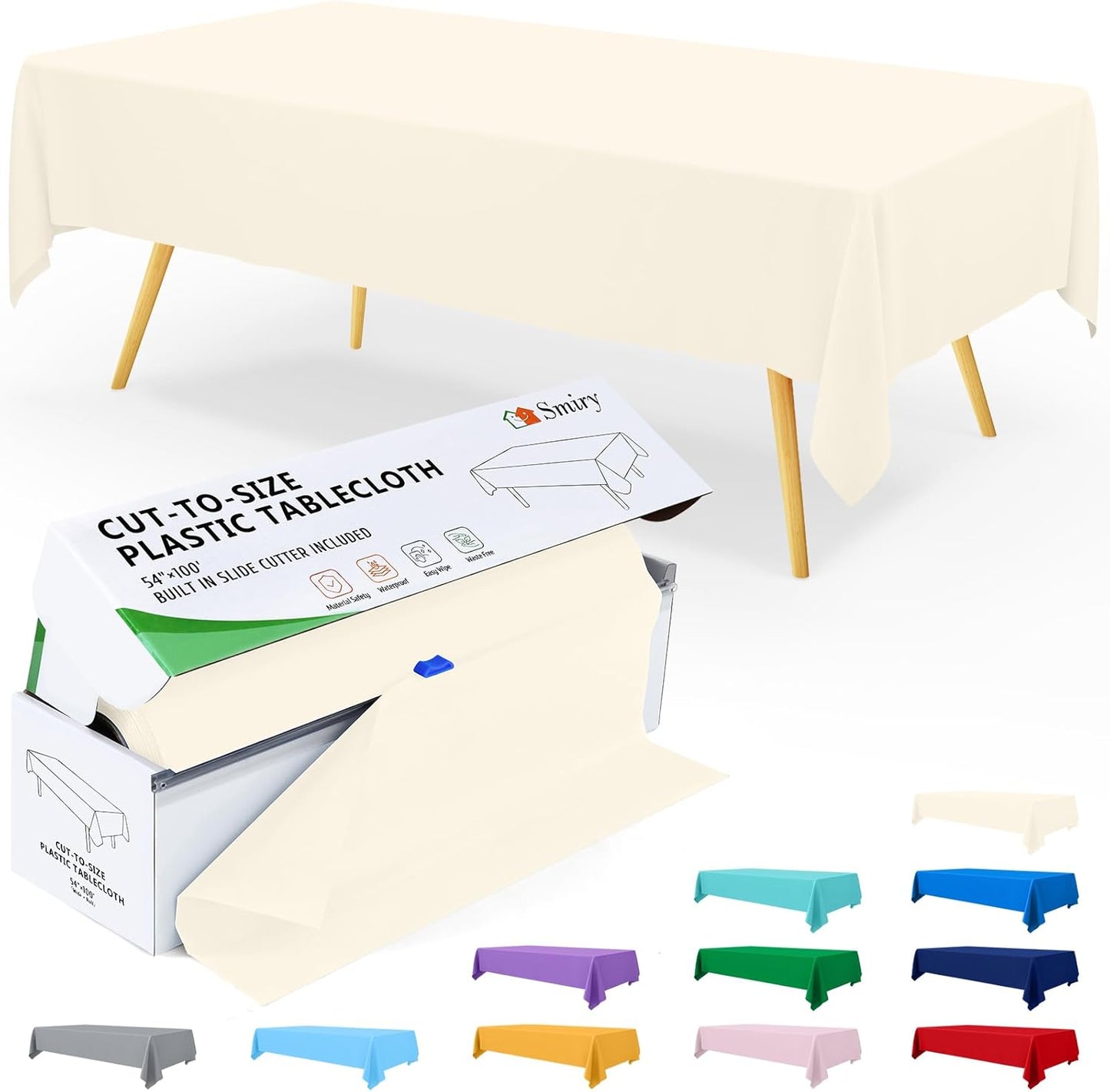 Smiry 54 Inch x 300 Feet Disposable Table Cover Roll, Beige Plastic Table Cloth in Cut-to-Size Box with Slide Cutter, Waterproof Rectangle Tablecloths for Weddings, Banquets, Outdoor