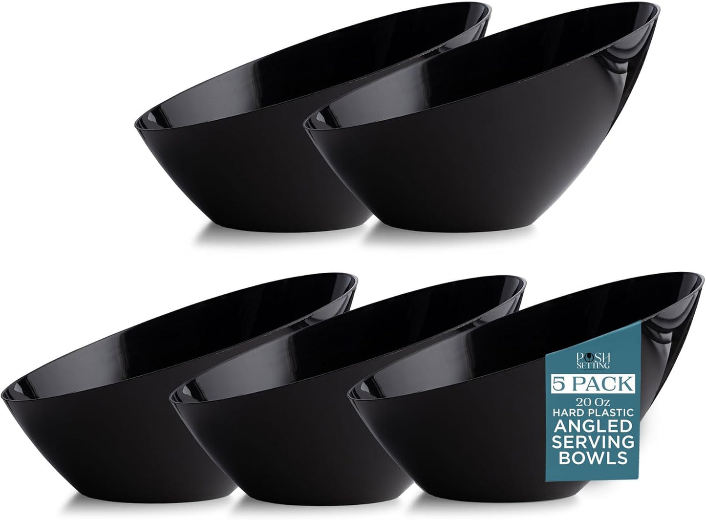 Posh Setting - Black Plastic Serving Bowls for Party - Angled, Disposable, Chip & Candy Bowls - 20 OZ, 5 Pack