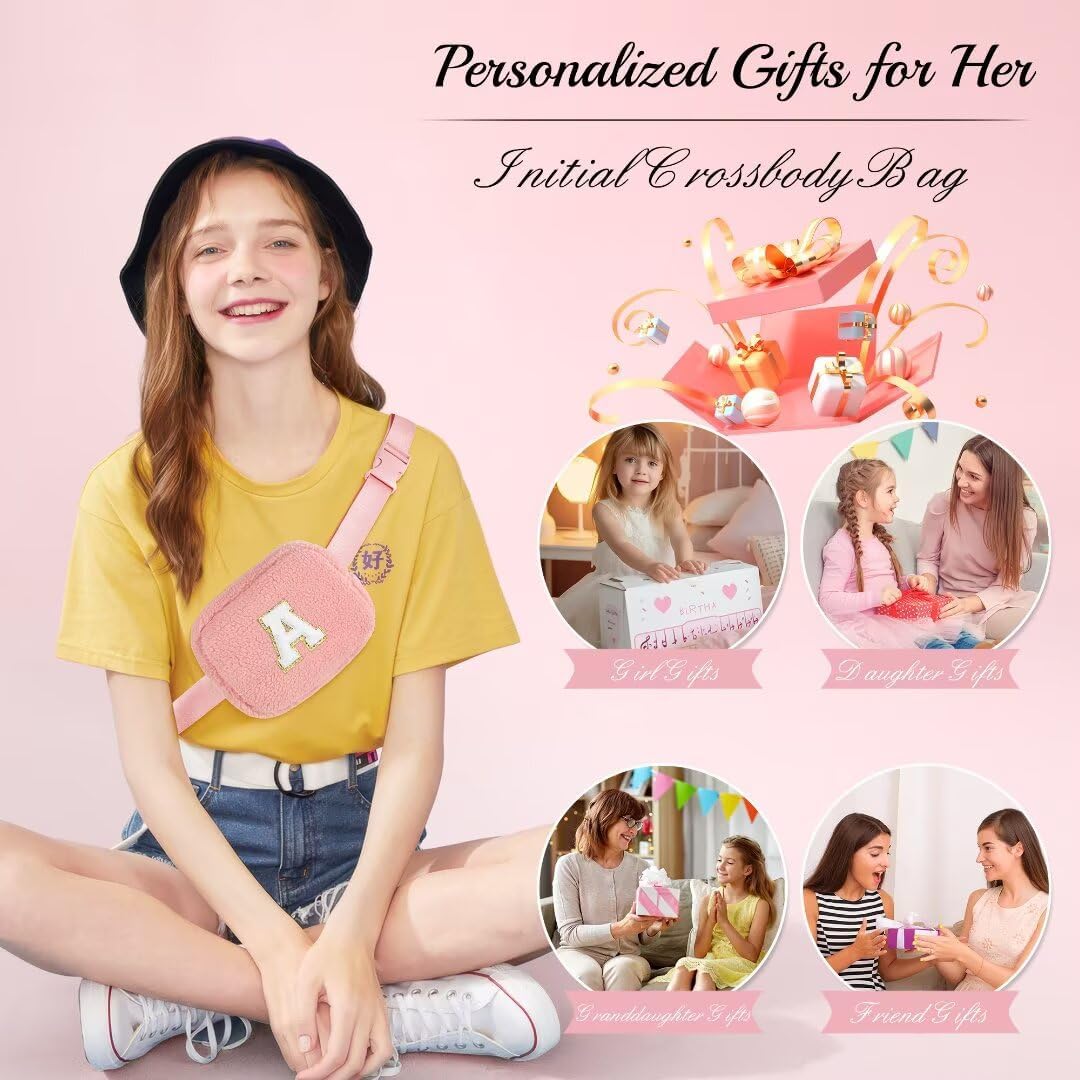 YOOLIFE Bridesmaid Gifts - Bridesmaid Proposal Gift Wedding Day, Bridal Shower Gifts, Maid of Honor Gifts, Bachelorette Party Decorations Favors, Fleece Belt Bag Initial Crossbody Bag, Pink Y