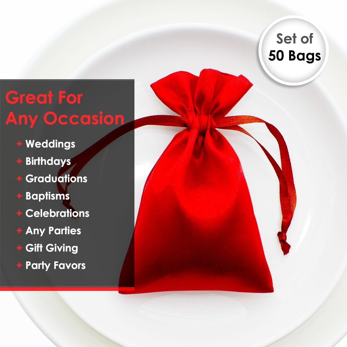 6" x 9" Red Satin Gift Bags, Jewelry Bags, Wedding Favor Drawstring Baby Shower Christmas 50 per Pack