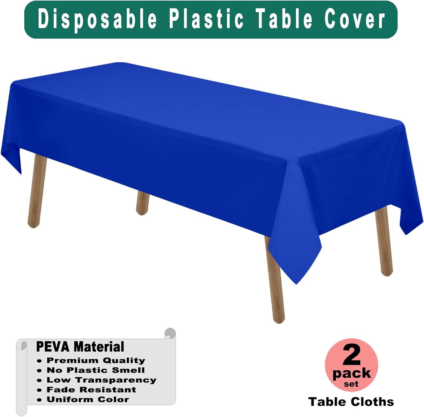 PARTY ULYJA Royal Blue Plastic Tablecloths 2 Pack 54 x 108 Inch Rectangle PEVA Vinyl Dark Table Covers for Parties Picnics Weddings