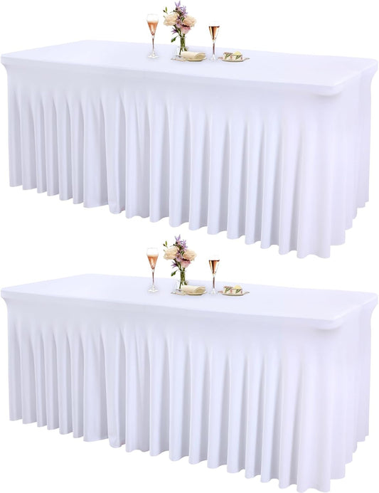 2 Packs White Spandex Table Clothes for 6 Foot Rectangle Tables, Wrinkle Free 6ft Fitted Table Cover Stretch Tablecloths Desk Skirt for Weddings Baby Shower Birthday Party Banquet Decorations