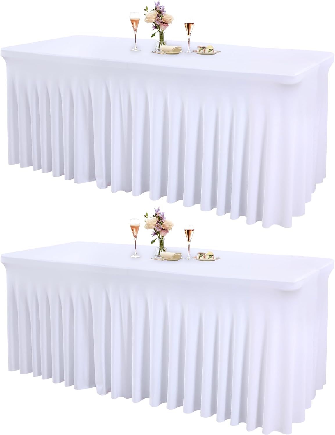 2 Packs White Table Clothes for 4 Foot Rectangle Tables, One-Piece Wrinkle Resistant Stretch Spandex Table Covers with Skirt for Event Banquet Wedding Birthday Party