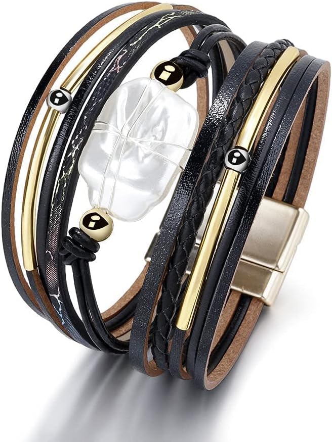 Fesciory Leather Wrap Bracelets for Women, Boho Leopard Multi-Layer Crystal Beads Cuff Bracelet Jewelry