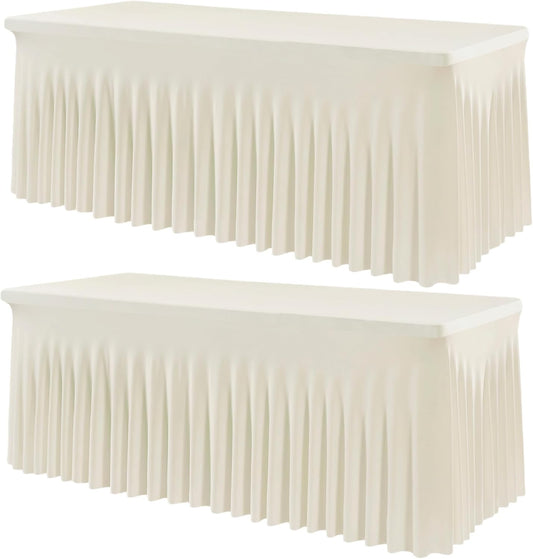 Outpain 8ft Spandex Table Cloth for Standard Folding Tables-2Pack Ivory Table Cloth Table Protector for Party, Wedding, Cocktail, Banquet, Festival