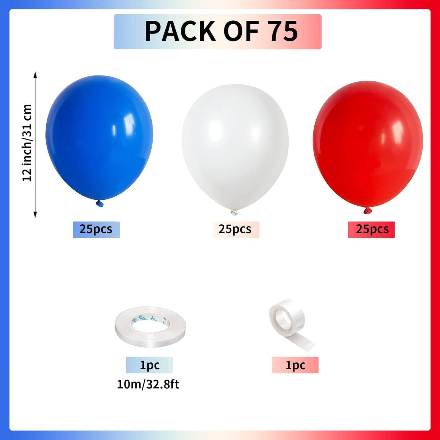 75 Pcs Red, White & Blue Balloons - 12 Inch Matte Red, Royal Blue, White Helium Latex Balloons for 4th of July, Memorial Day, Birthday, Baby Shower Parties