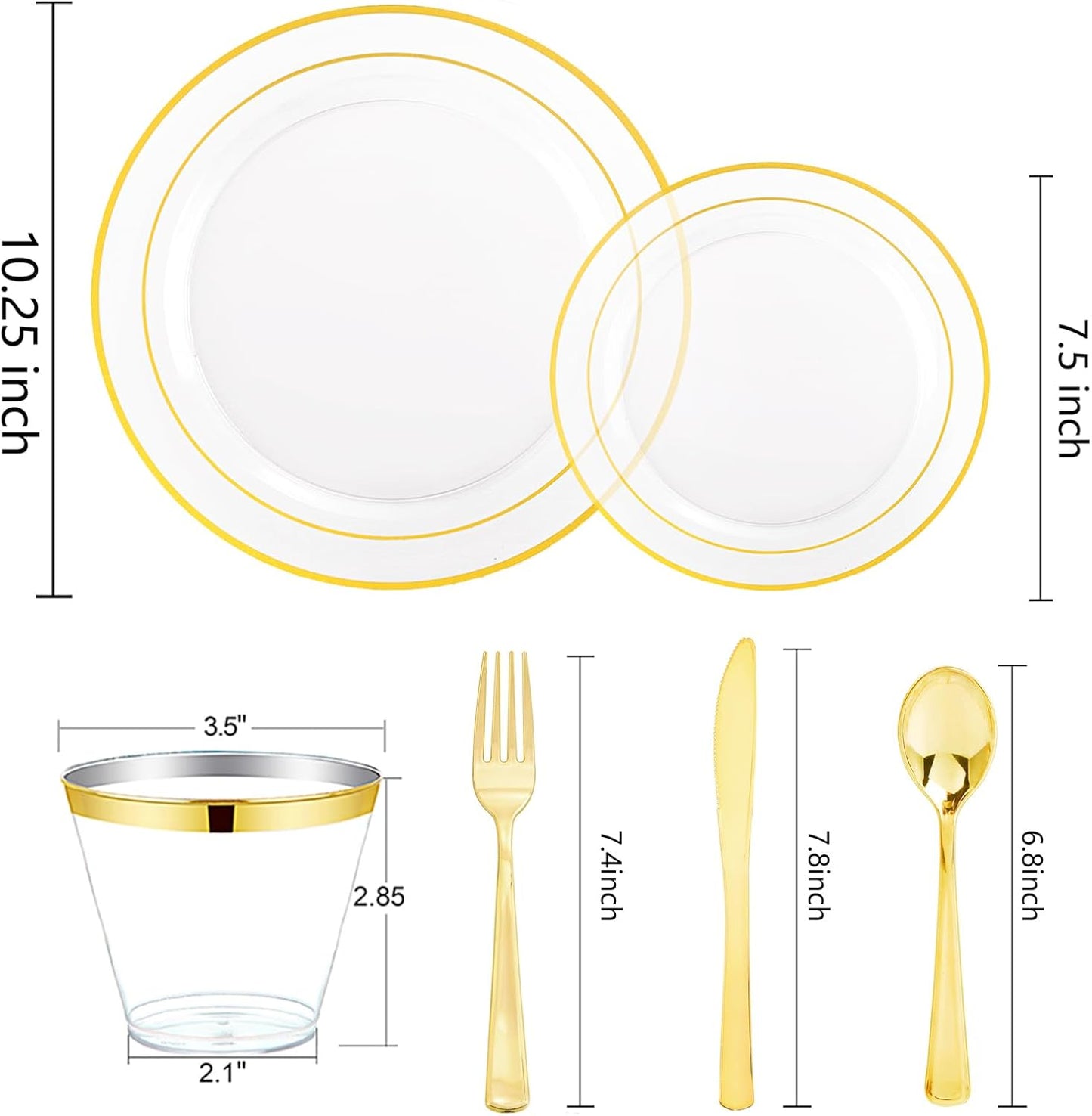 bUCLA 600PCS Clear Plates with Gold Trim - Clear Gold Dinnerware Set Disposable Include 100 Dinner/100 Dessert Plates, 100 Knives, 100 Forks, 100 Spoons, 100 Cups for Wedding, Party & Thanksgiving