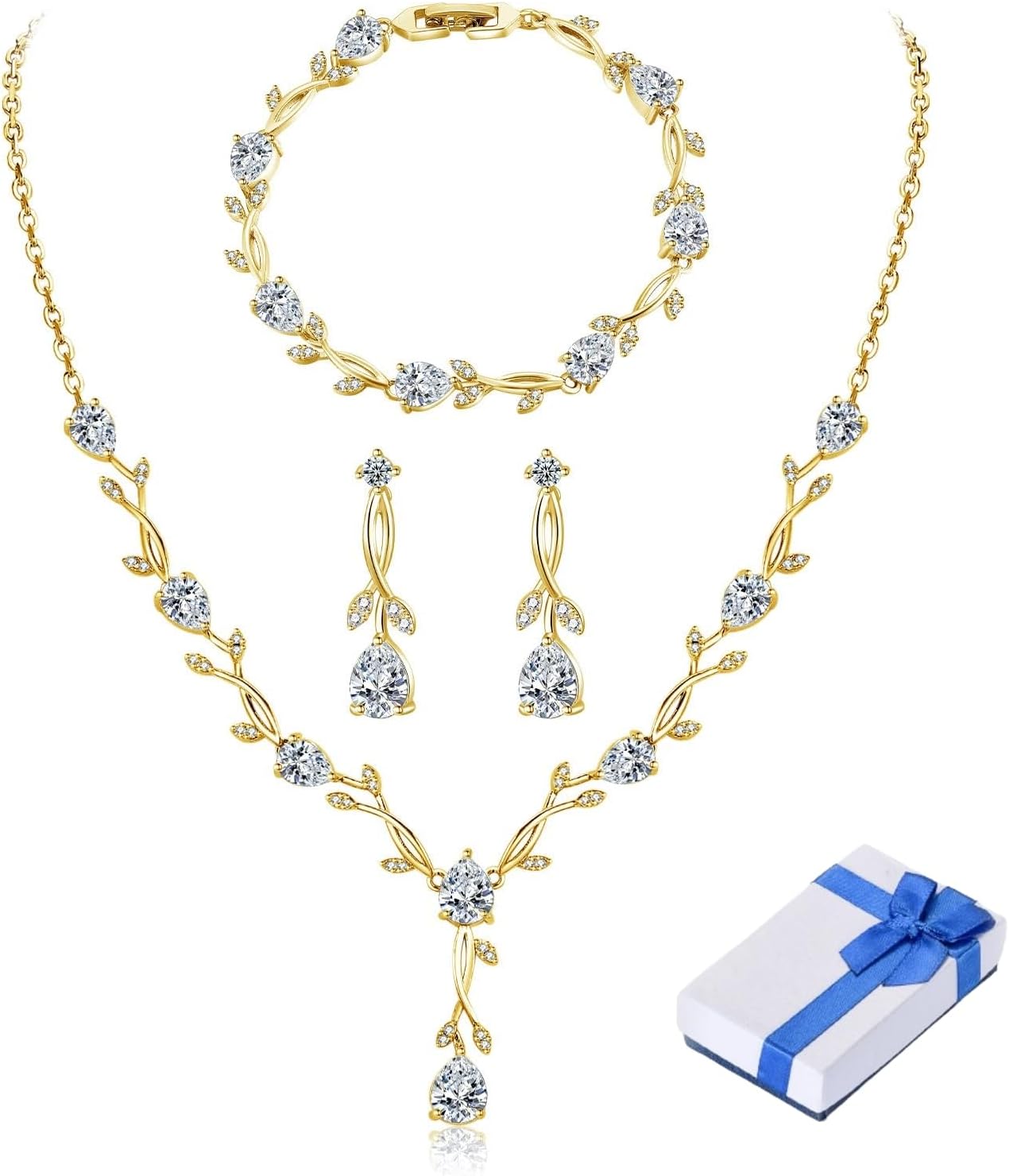 Wedding Silver Jewelry Set for Women Cubic Zirconia Necklace Earrings Bracelet Sets for Bride Wedding Costume Jewelry for Bridesmaid