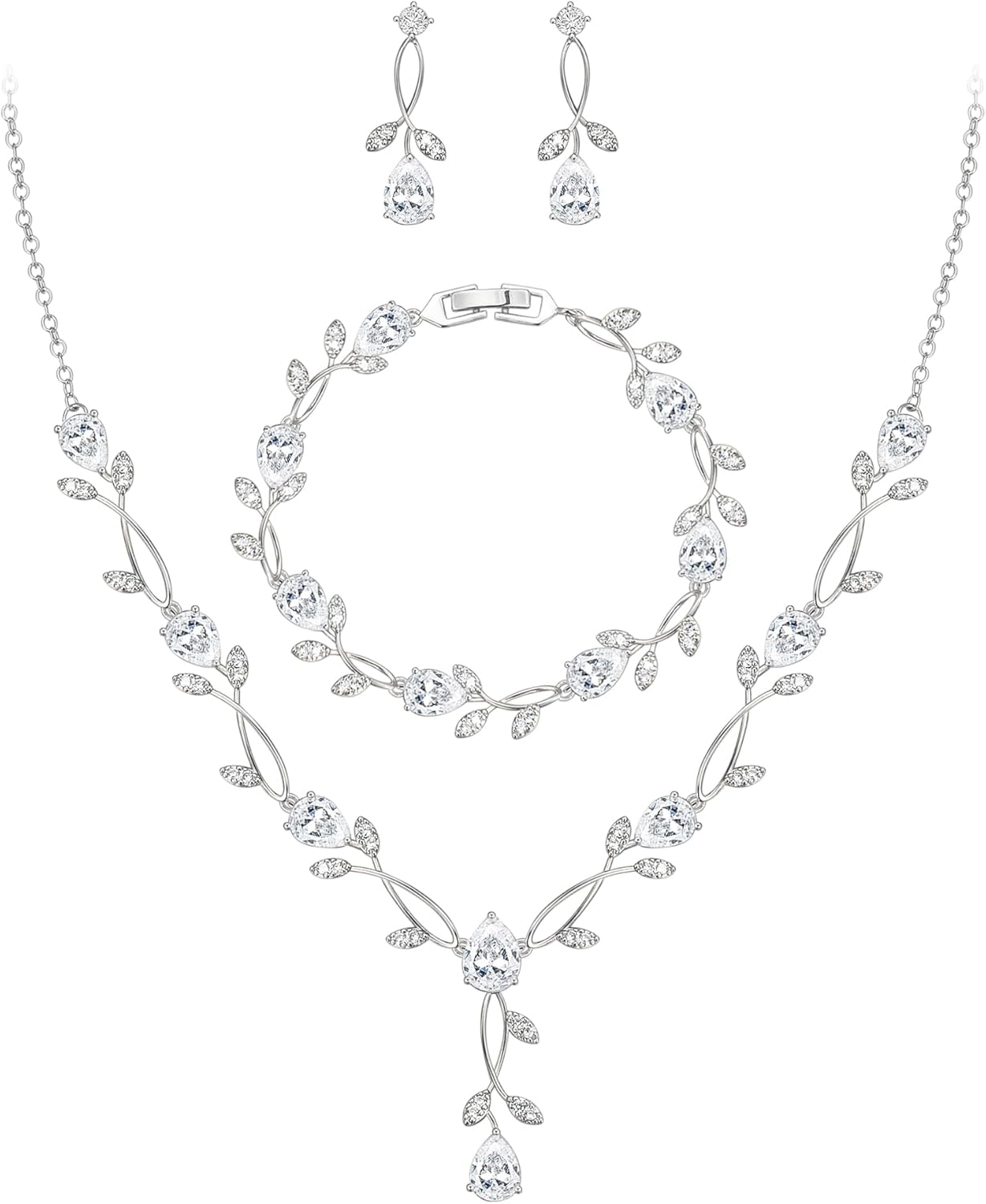 EVER FAITH Bridal Cubic Zirconia Jewelry Sets for Women, White Simulated Pearl Leaf Vine Pendant Wedding Party Necklace Earrings Set for Bridesmaid Bride
