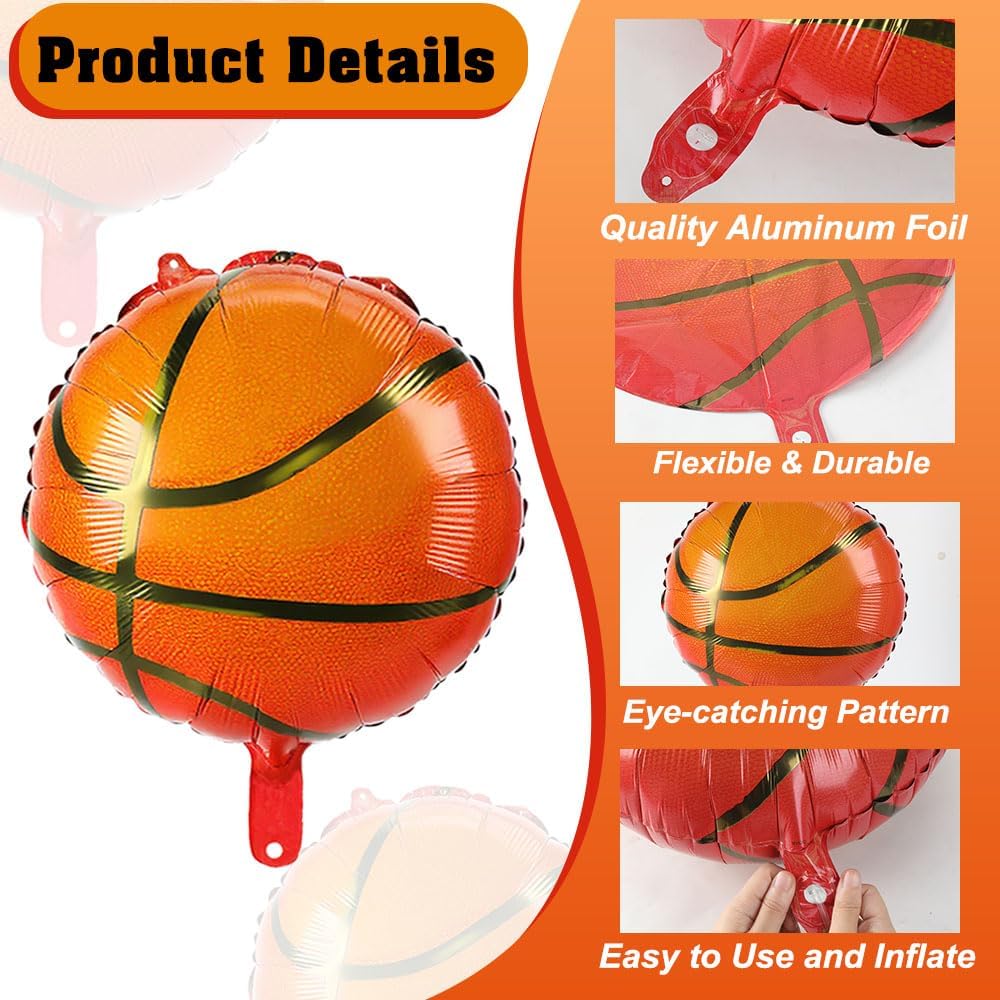 12 PCS 18 Inch Basketball Balloons Birthday Party Decorations Giant Sports Balloons Gender Reveal Christmas Mylar Foil Helium Aluminum Inflatable Balloon Kit for Party Favor Supplies Sport Theme Decor