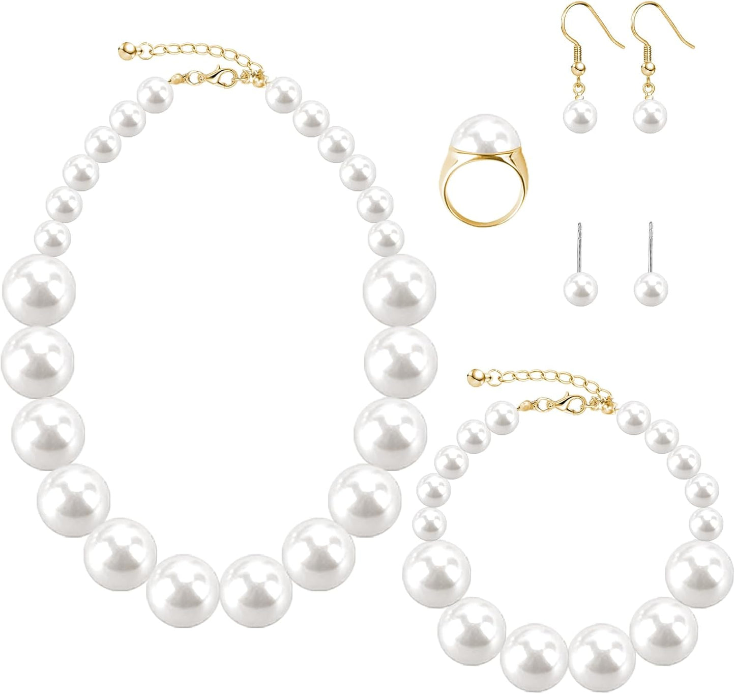 Pearl Jewelry Set for Women Faux Pearl Costume Jewelry Set with Necklace, Bracelets, Ring, Earrings for Wedding Bridal Birthday Tea Party