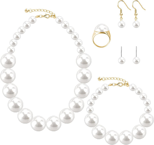 Pearl Jewelry Set for Women Faux Pearl Costume Jewelry Set with Necklace, Bracelets, Ring, Earrings for Wedding Bridal Birthday Tea Party