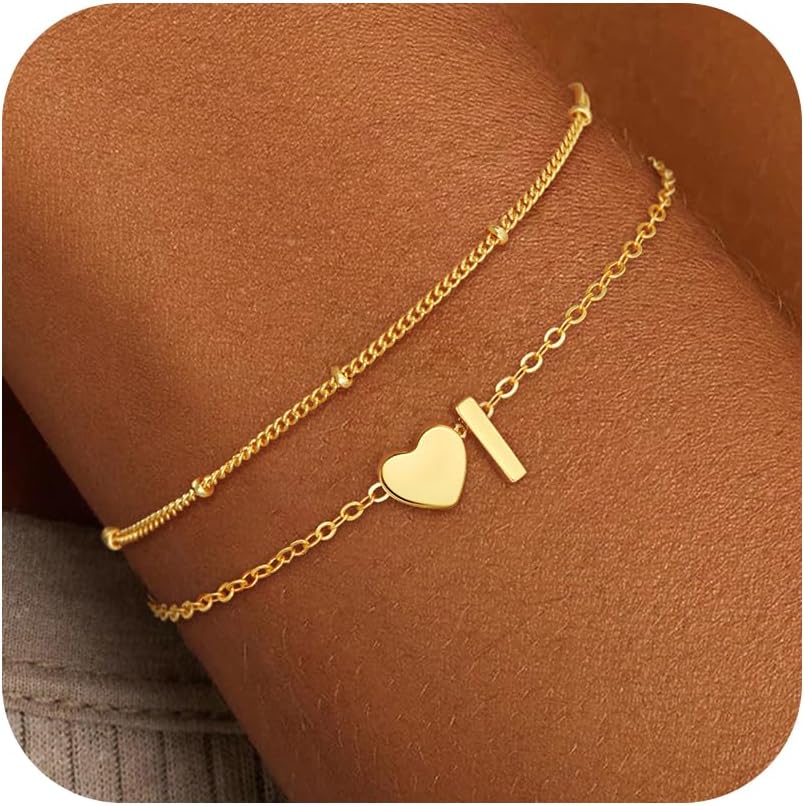 Christmas Gifts for Grandkids Teens Girls, 14K Gold Plated Heart Initial Bracelets for Women Girl Dainty Gold Bracelets Birthday Gifts Stocking Stuffers for Teen Girls Women Jewelry