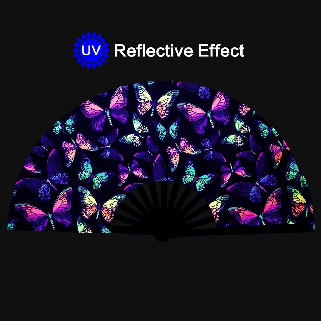 UV Glow Rave Fan, Bamboo Folding Clack Hand Fans Foldable for Men Women, Boots on the Ground Poping Fan for EDM Festival Line Dance Decoration, (Butterfly-1, Large 13")