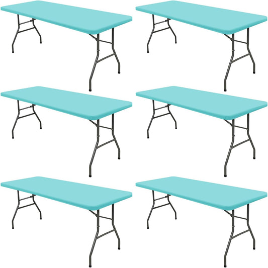 Picnic Table Cover 6 Pack Elastic Fitted Tablecloths for 8 Foot Rectangle Table Waterproof Stretch Washable Patio Folding Outdoor Spandex Tablecloth for Camping Banquet Parties (Aqua Blue,30" x 96")