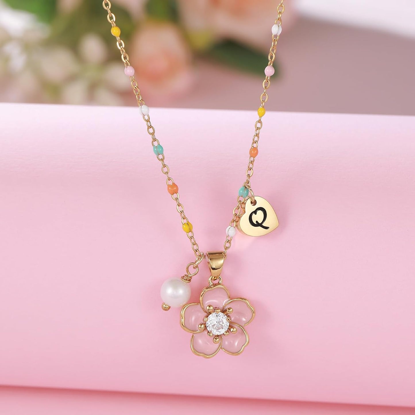 DS Flower Girl Necklace Gifts |Heart Initial Letter Flower Necklaces with Pearl Charm for Women | Personalized Wedding Proposal Bridal Shower Party Jewelry Gift | 18K Gold Plated Stainless Steel