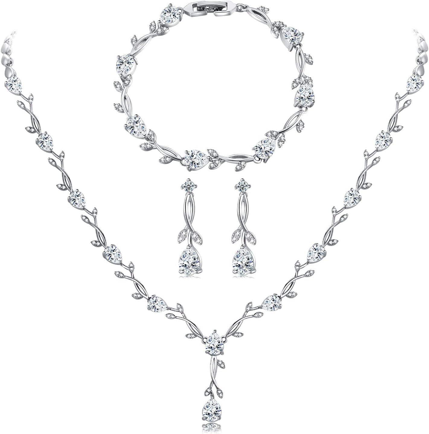 Wedding Silver Jewelry Set for Women Cubic Zirconia Necklace Earrings Bracelet Sets for Bride Wedding Costume Jewelry for Bridesmaid