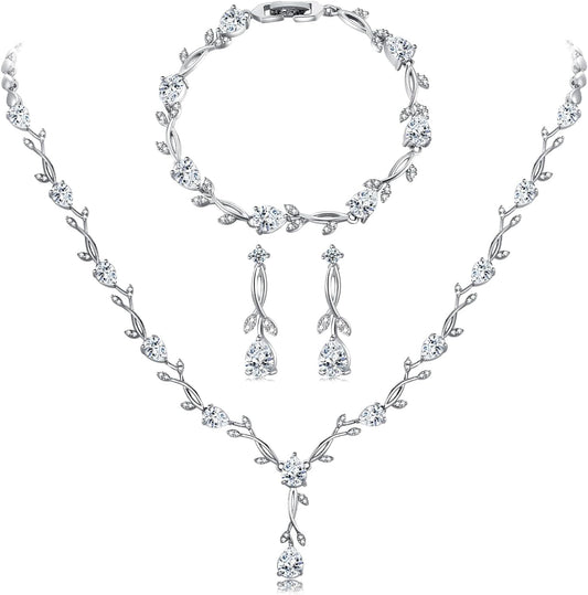Wedding Silver Jewelry Set for Women Cubic Zirconia Necklace Earrings Bracelet Sets for Bride Wedding Costume Jewelry for Bridesmaid