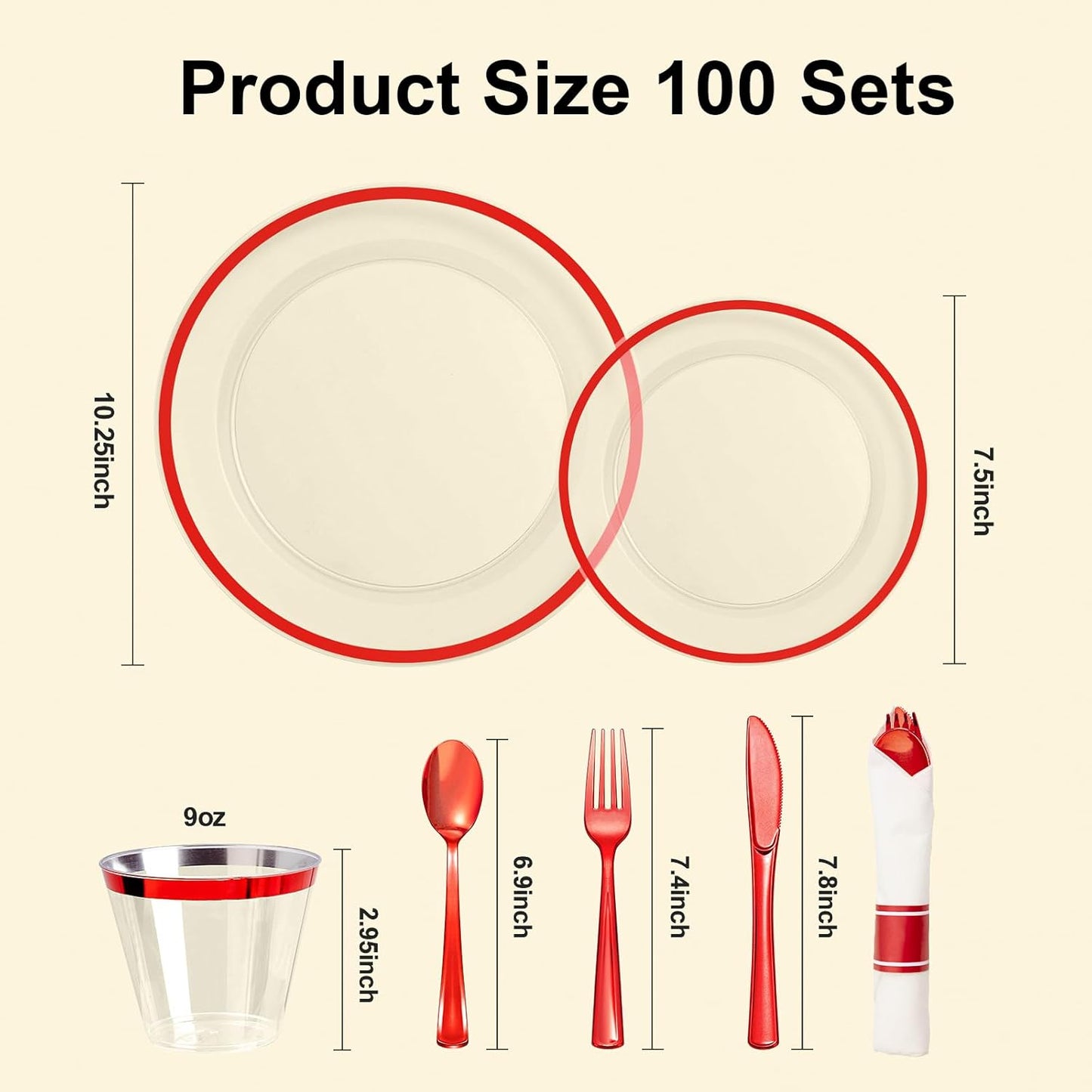 700PCS Clear Red Disposable Plastic Dinnerware Set for 100 Guests, 200 Plastic Plates, 100 Cups, 100 Pre-Rolled Napkins with Cutlery for Party, Christmas, Birthday, Wedding, Thanksgiving, Halloween