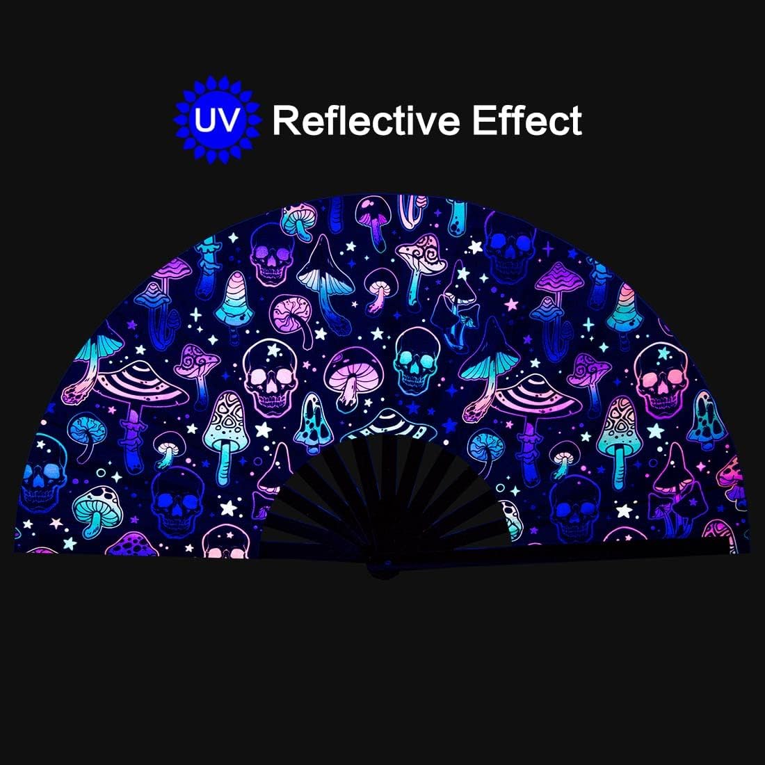 UV Glow Rave Fan, Bamboo Folding Clack Hand Fans Foldable for Men Women, Boots on the Ground Poping Fan for EDM Festival Line Dance Decoration, (Mushrooms and Skulls, Large 13")