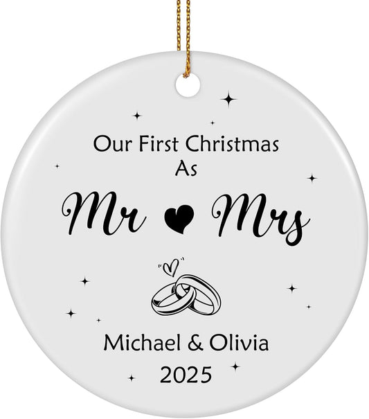 Personalized First Christmas Married Ornament 2025, Custom Engaged Christmas Ornaments with Names, Customized Wedding Engagement Gifts for Newlywed Couples Him Her