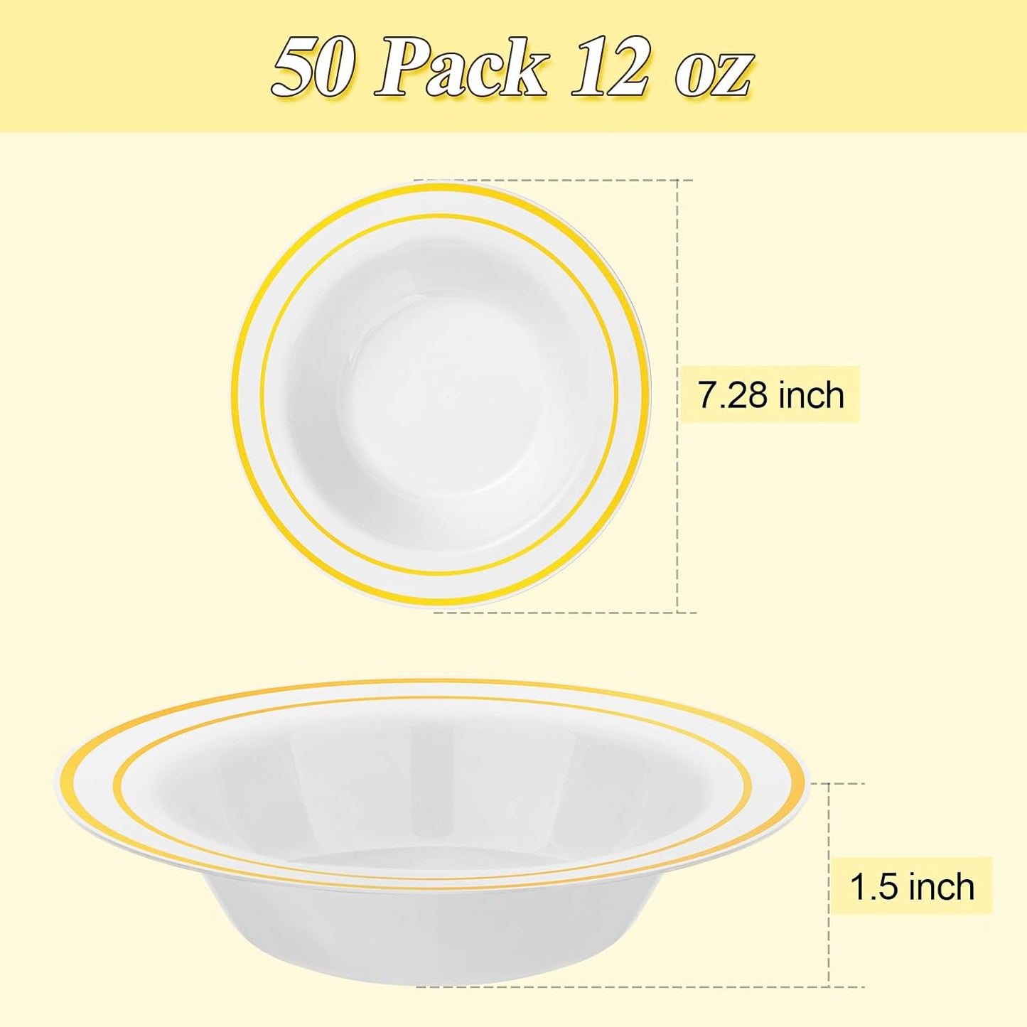 100 Pack Disposable Soup Bowls with Gold Rim, 12oz Premium Heavy Duty Plastic Dinner Bowls for Party, Wedding and Holiday