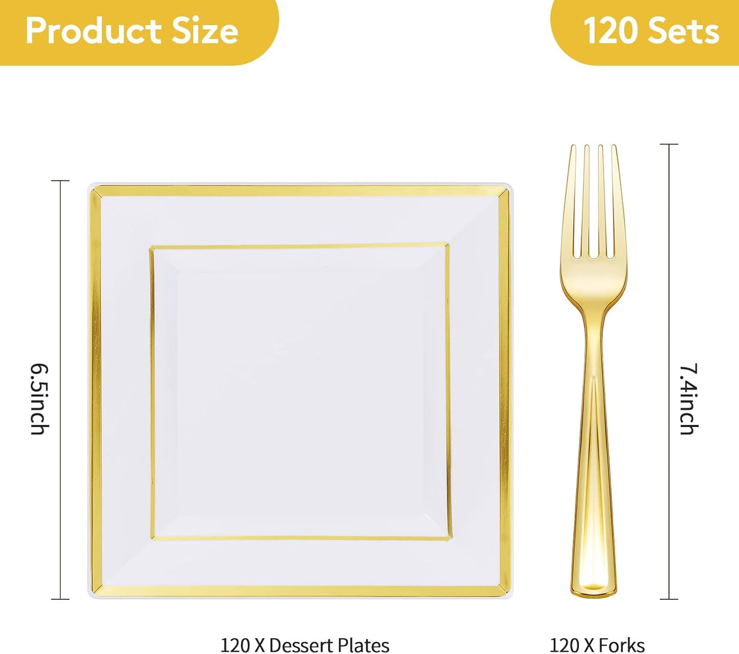Goodluck 240PCS 6.5" Square Gold Dessert Plastic Plates with 7.4" Forks, Gold Appetizer Plates for 120 Guests, Including 120 Disposable Cake Plastic Plates and 120 Forks for Wedding/Birthday Party